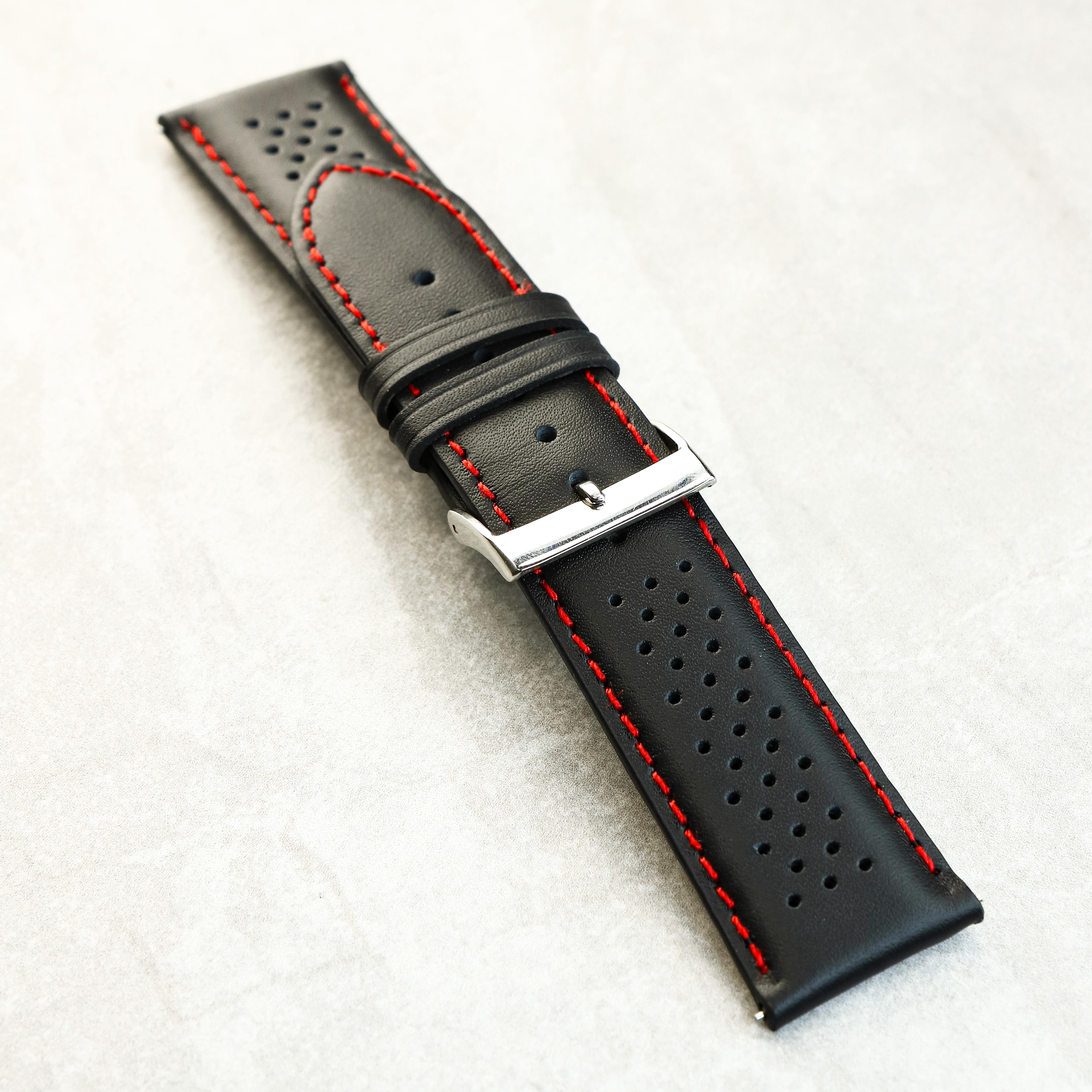 Crimson Rally GT Watch Strap In Black With Red stitching