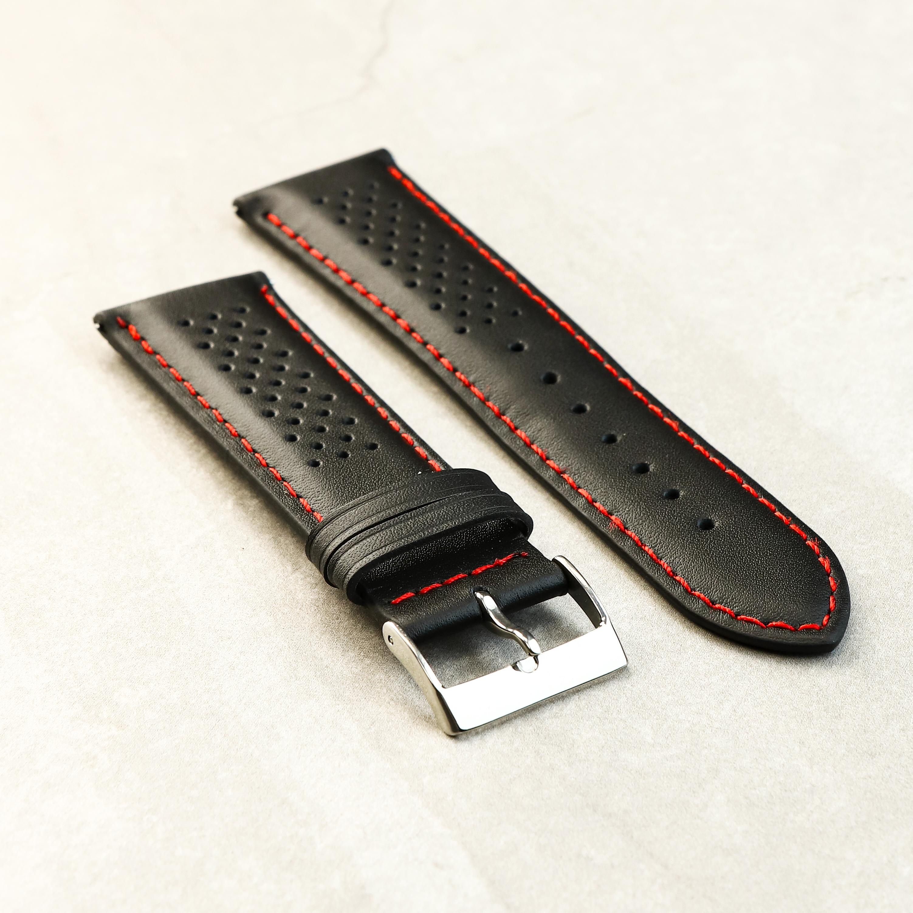 Crimson Rally GT Watch Strap In Black With Red stitching