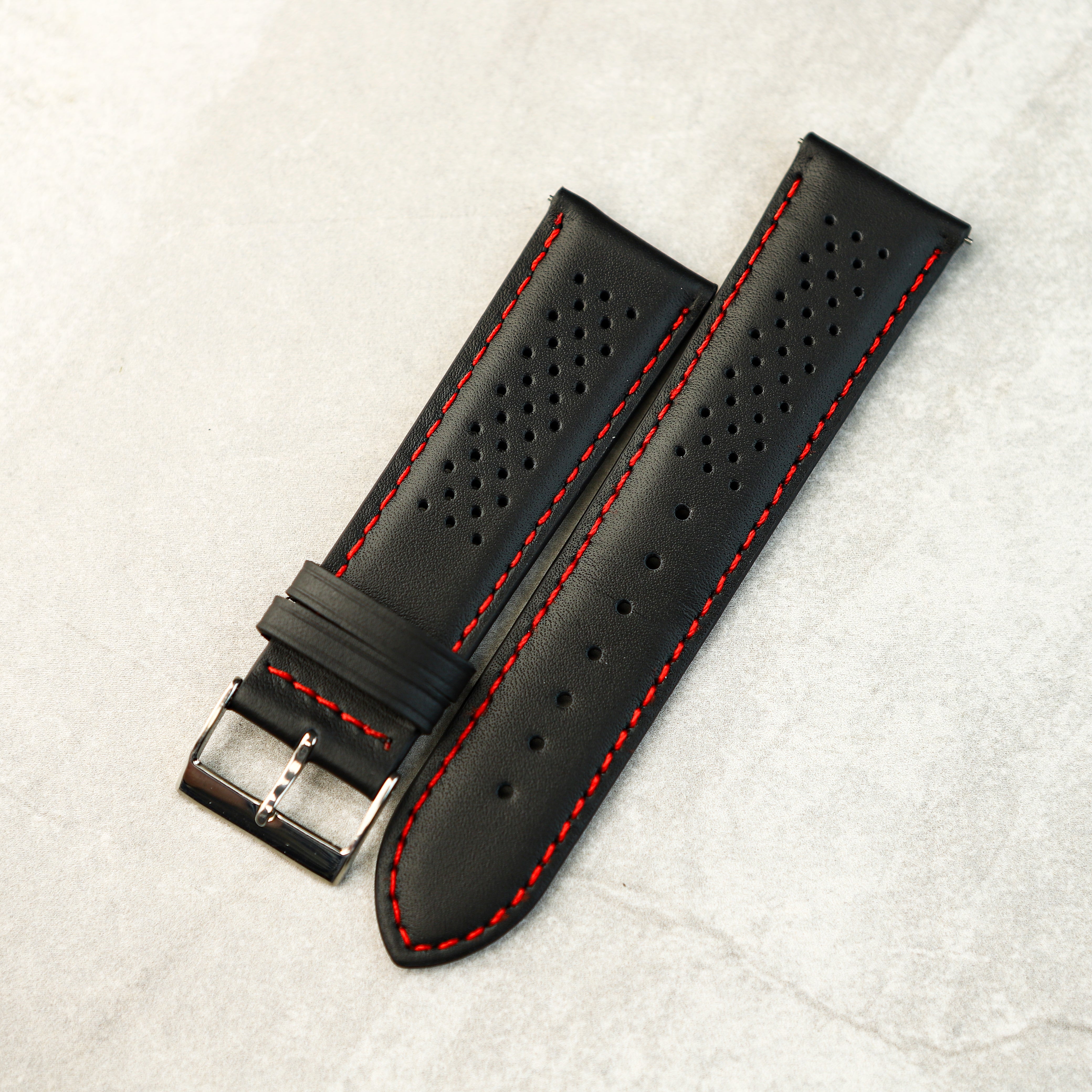 Crimson Rally GT Watch Strap In Black With Red stitching