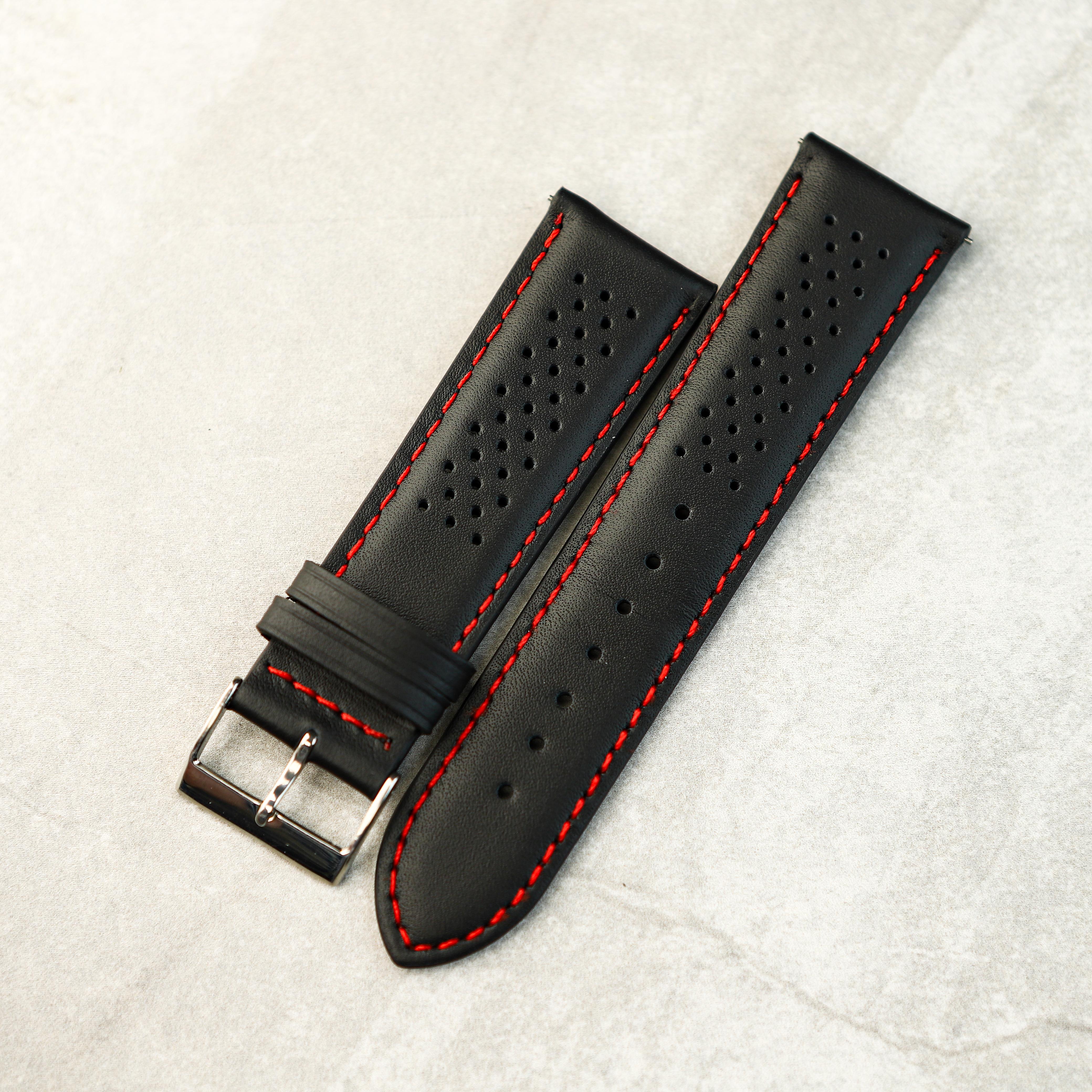 Crimson Rally GT Watch Strap In Black With Red stitching