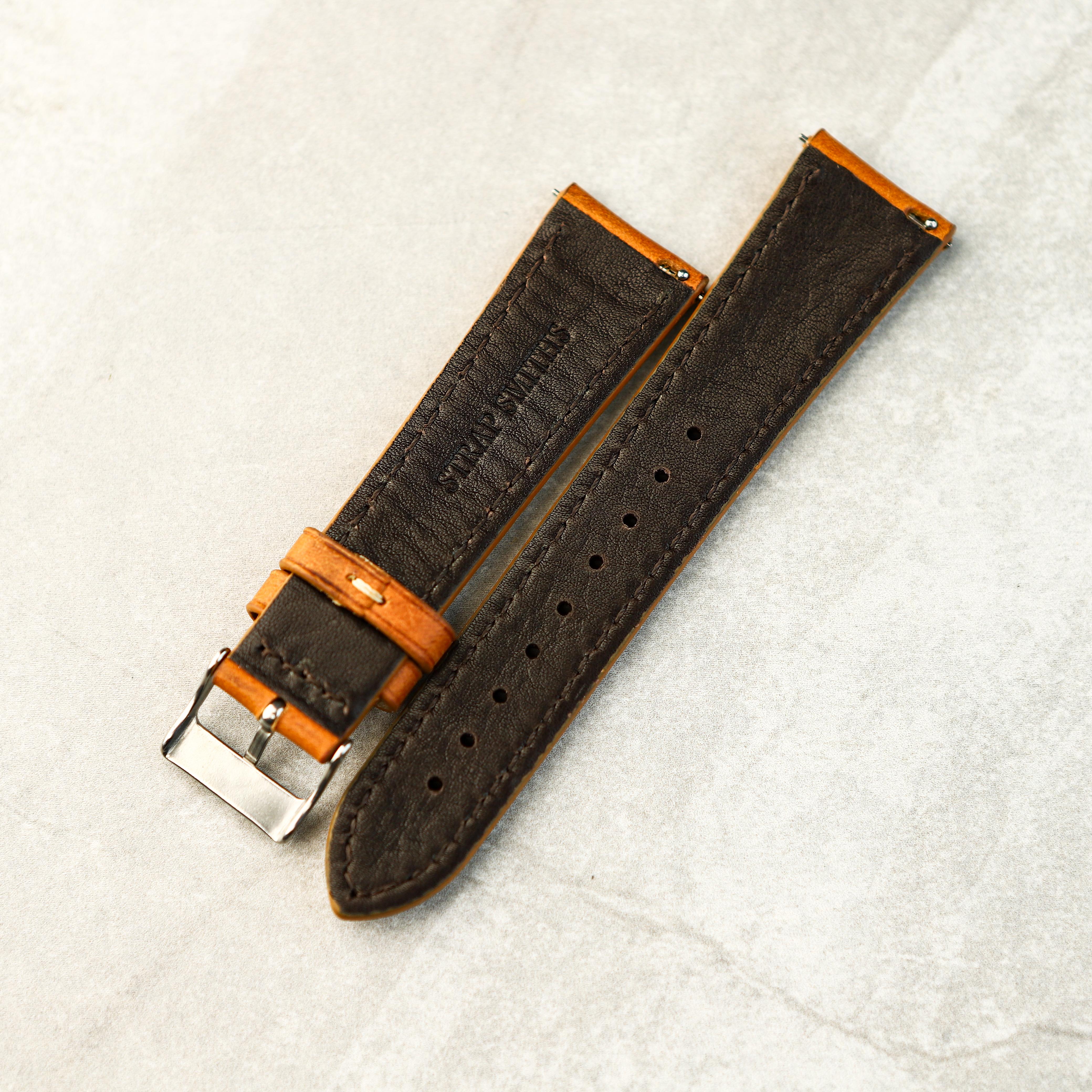 Premium tan leather watch strap with contrast stitching and polished stainless steel buckle – Heritage Craft collection by Strap Smiths.


