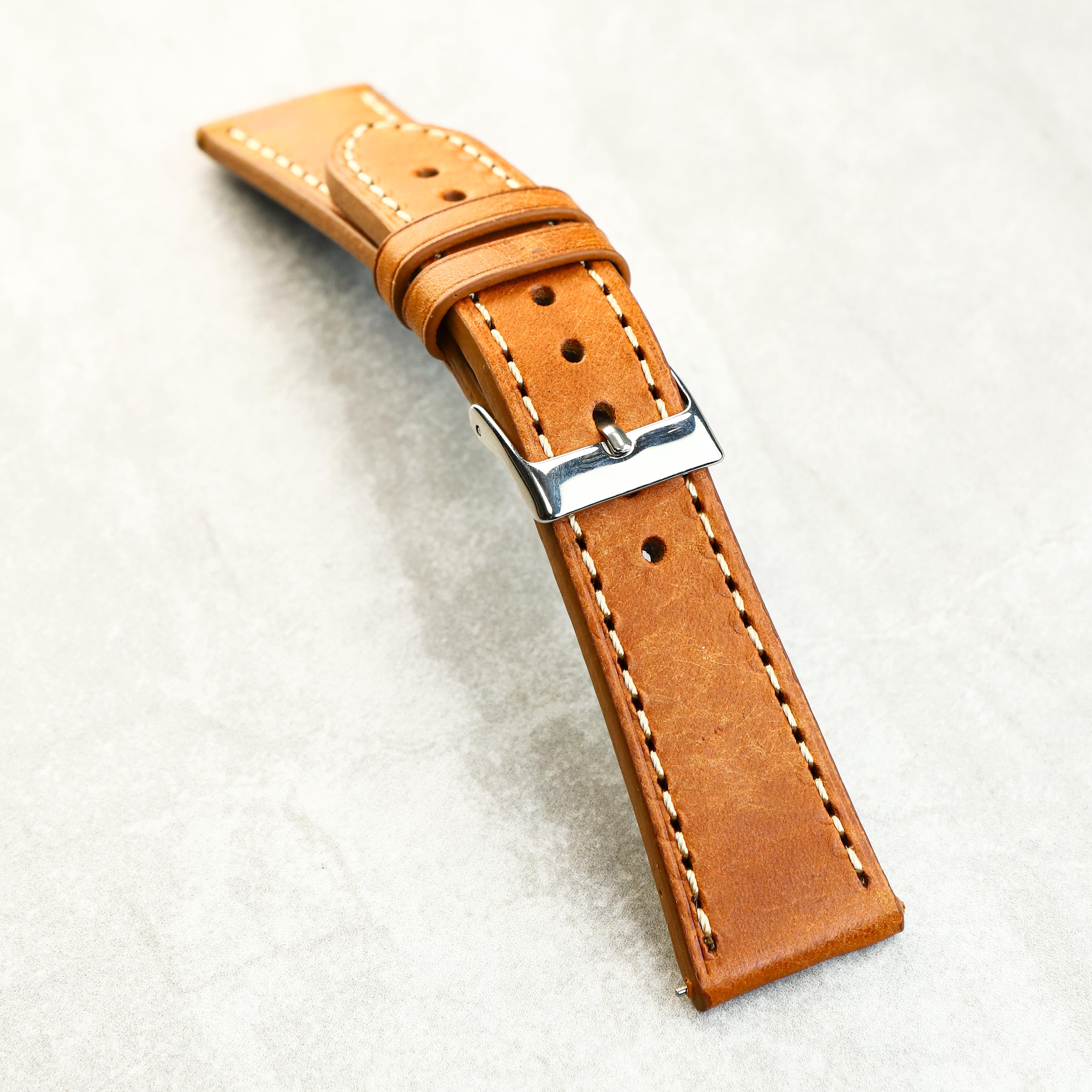 Premium tan leather watch strap with contrast stitching and polished stainless steel buckle – Heritage Craft collection by Strap Smiths.

