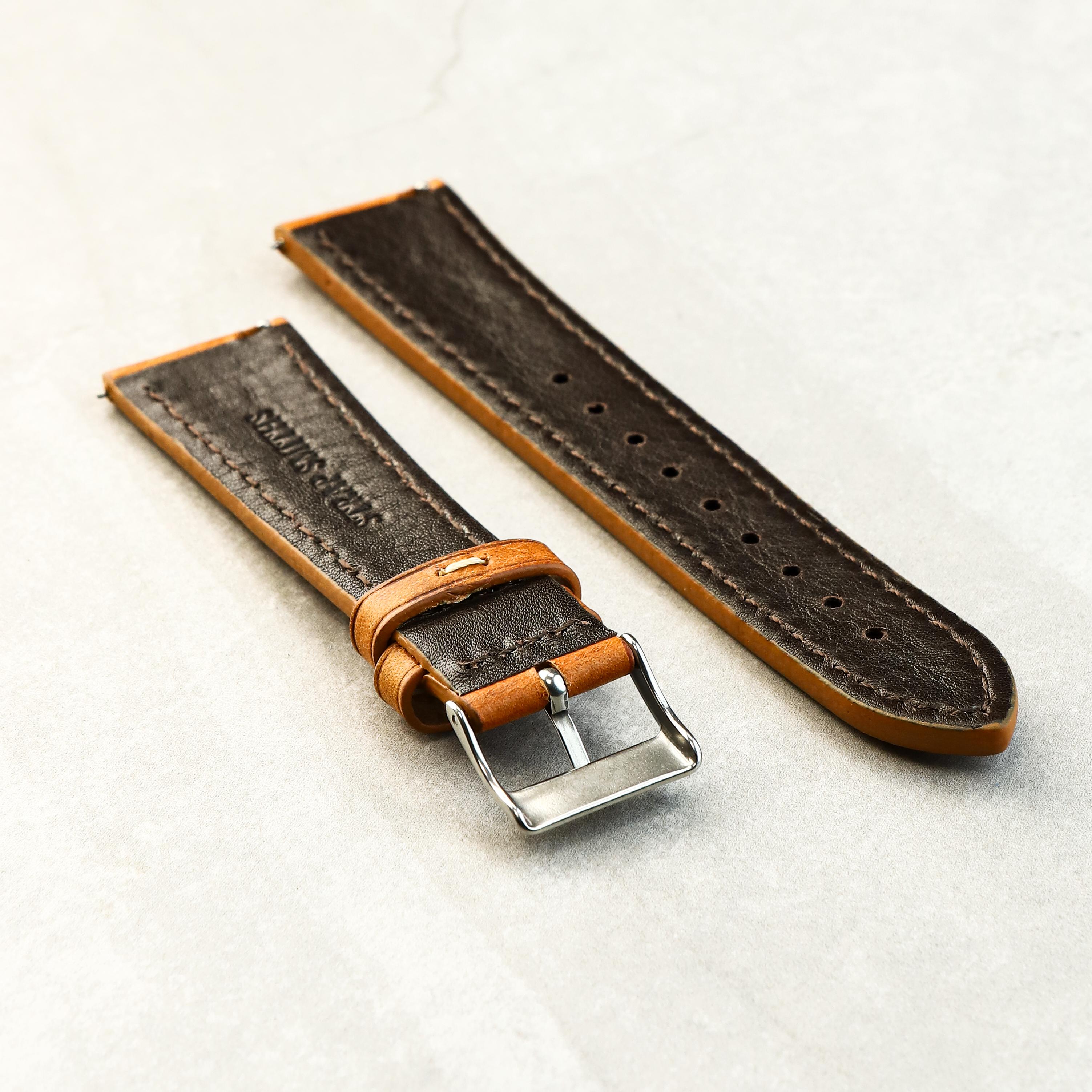 Premium tan leather watch strap with contrast stitching and polished stainless steel buckle – Heritage Craft collection by Strap Smiths.

