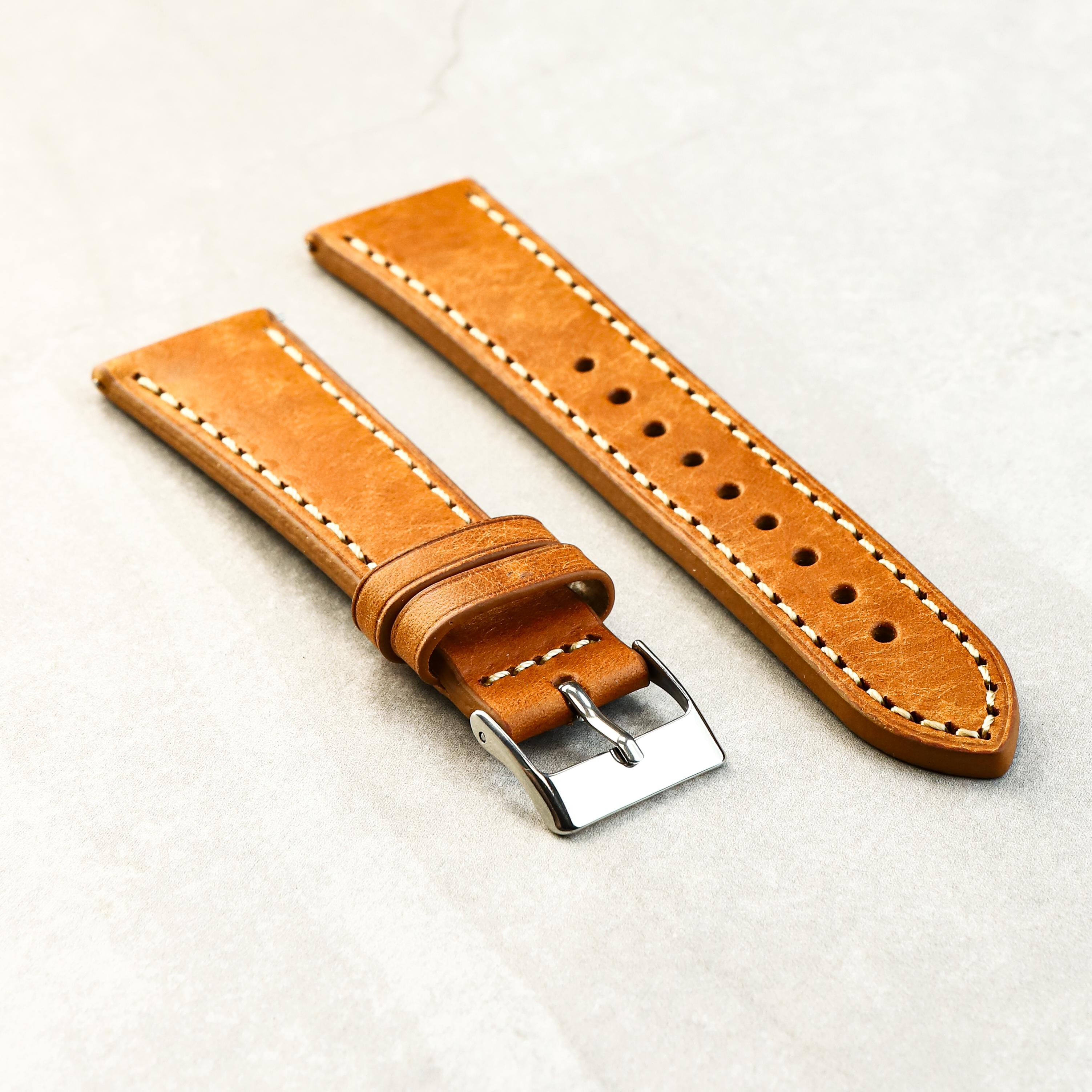 Premium tan leather watch strap with contrast stitching and polished stainless steel buckle – Heritage Craft collection by Strap Smiths.

