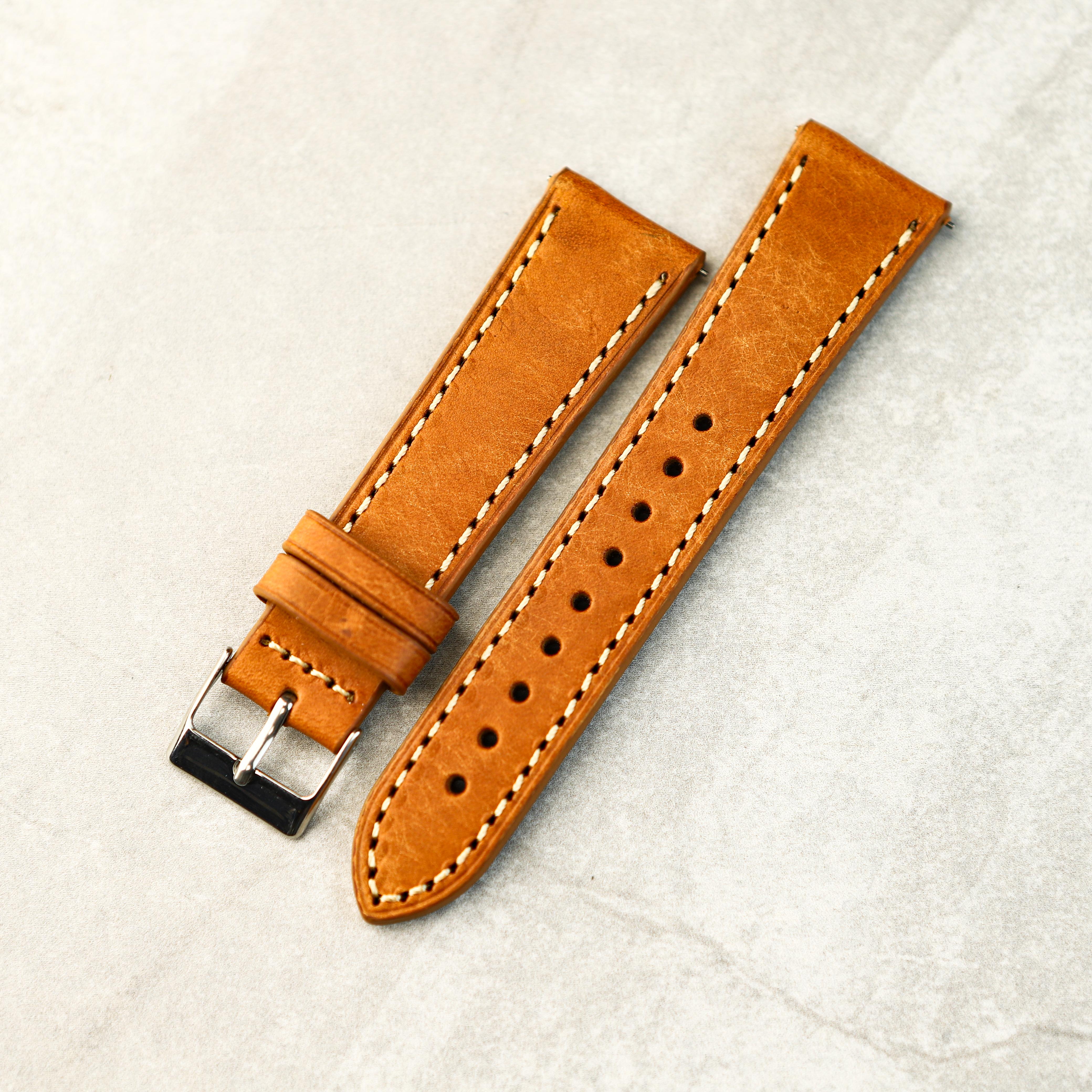 Premium tan leather watch strap with contrast stitching and polished stainless steel buckle – Heritage Craft collection by Strap Smiths.